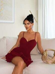 SHEIN SXY Đầm yếm bó sát viền hoa tulip màu trơn cho nữ - Màu Đỏ Sâu - Xem 4