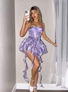 Sweetina 女士紫色无袖荷叶边下摆挂脖紧身不对称下摆连衣裙情人节服装春季女装 - 淡紫色 - 查看 6