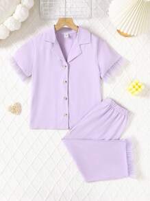 Tween Girls Casual Solid Color Kimono Cardigan With Lace Trim & Solid Color Pants With Lace Hem, Comfortable 2 Pieces Loungewear Set - Mauve Purple - View 5