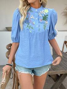 SHEIN Clasi Women's Blue Short Sleeve Shirt, Mesh Embroidered Woven Fabric, Simple Fashion Style With Buttons - Blue - View 6