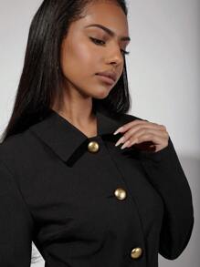COSMINA Modest Women's Solid Color Front Button Long Sleeve Pocket Minimalist Long Dress - Black - View 7