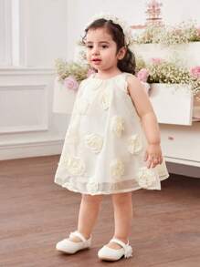 女婴优雅花卉无袖杏色连衣裙，夏季