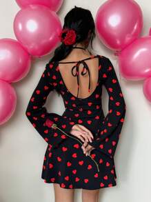SHEIN Essnce Women's Heart Print Round Neck Bell Sleeve Cute Mini Dress For Valentine's Day