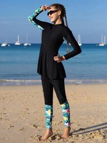 SHEIN 2pcs/Set Teen Girl Spaghetti Strap Tankini Swimwear, Floral Print Long Sleeve Top & High Waist Bottom, Swimwear Set - Multicolor - View 5