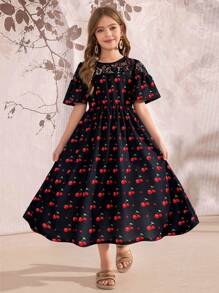 SHEIN Tween Girl Cherry Print Lace Splice Dress - Black - View 1