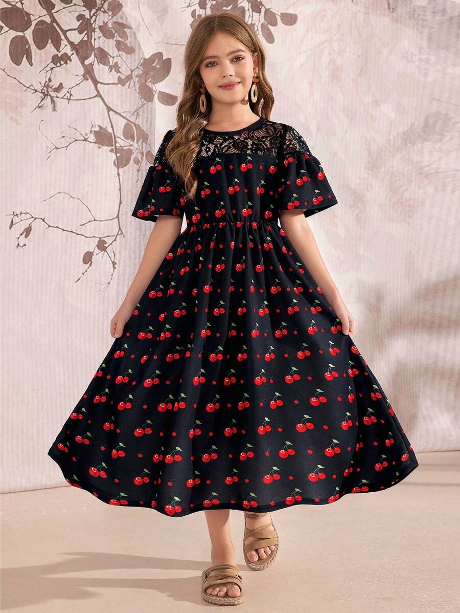 SHEIN Tween Girl Cherry Print Lace Splice Dress - Black - View 1