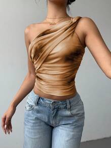 Aloruh Women's Stylish Sexy Gradient Print Mesh Ruched Tie-Front Crop Top, Y2K Clothing Cold-Shoulder Sleeveless Blouse