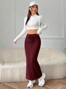 SHEIN EZwear 勃艮第女士针织紧身裙 - 酒紅色 - 查看 5
