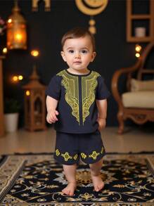 SHEIN 2pcs/Set Baby Boys Casual Traditional Pattern Round Neck Short Sleeve Top & Pants & Hat Set, Suitable For Spring/Summer Home, Outing, Party Wear - Royal Blue - View 4