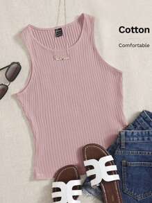 SHEIN EZwear Solid Rib Knit Tank Top