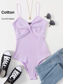 SHEIN EZwear Twist Front Rib-knit Slip Bodysuit - Lilac Purple - View 5