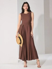 Heiryn 女士纯色圆领无袖休闲连衣裙 - 鏽棕色 - 查看 4