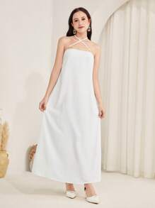 SHEIN 少女编织金色印花吊带连衣裙套装，带花卉图案服装，传统服装，白色和金色两件套 - 白色 - 查看 3