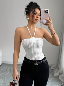 Chiquease Pure Sensuality Halter Neck Lace-Up Sexy 3D Floral Textured Bodysuit