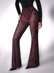 Zolique Pantalones de mujer de corte slim y sexy con estampado de leopardo aterciopelado y transparente