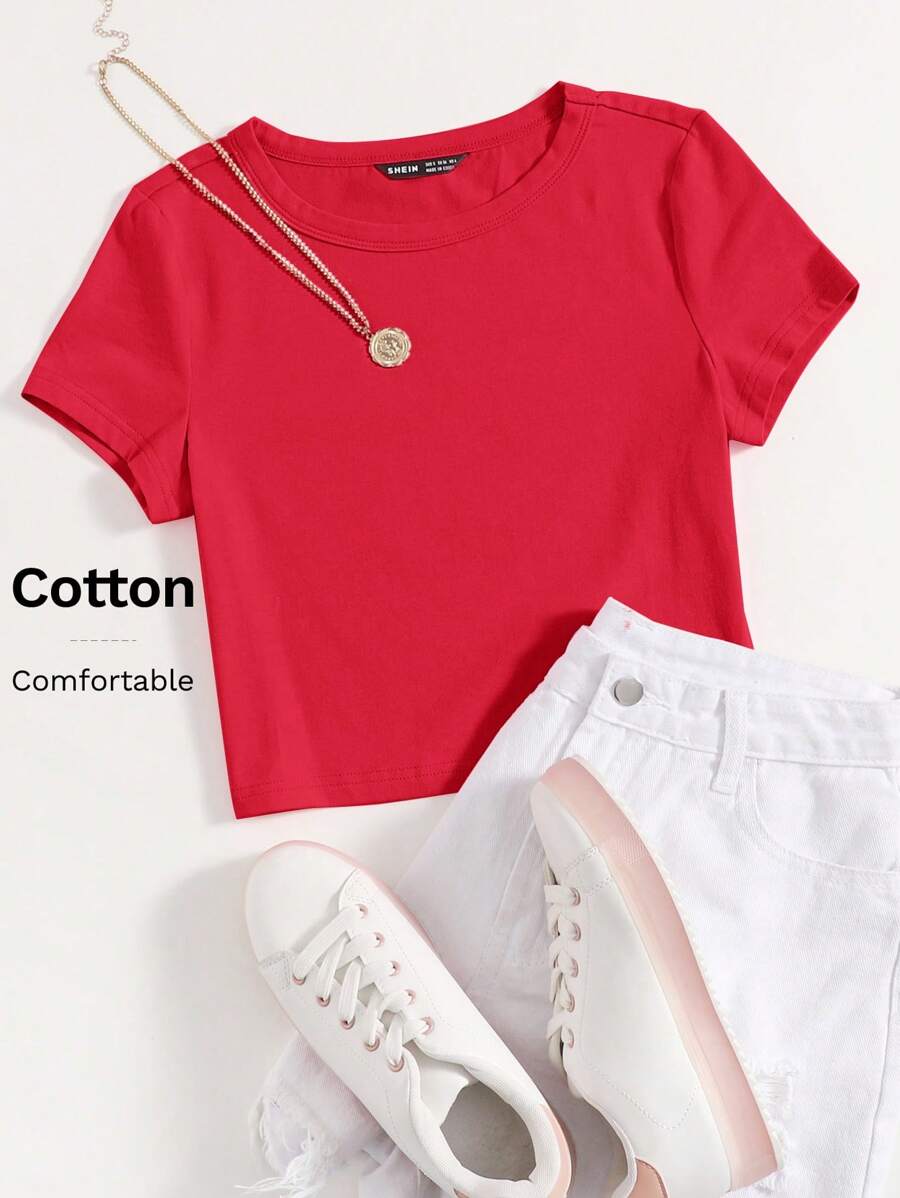 SHEIN EZwear Summer Cap Sleeve Solid Bright Red Crop Short Sleeves Fit Base Tee
