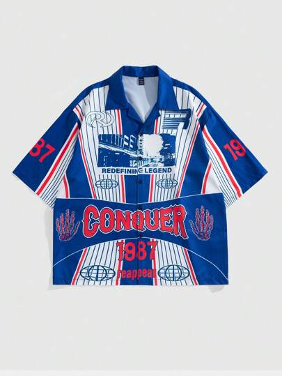 Prep Men's Racing Front Button Short Sleeve Printed Casual Shirt, Minimalist Design For Daily Wear