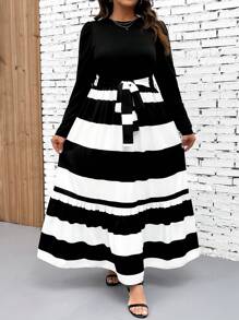 SHEIN Clasi Vestido largo de mujer de línea A, de manga larga, con cintura alta y parches a rayas - Blanco y Negro - Ver 5