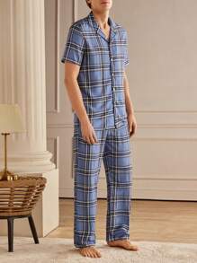 EverLounge Men's Front Button Short Sleeve Plaid Simple Top & Long Pants Pajama Set - Blue - View 6