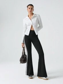 SHEIN EZwear High Waist Casual Striped Tape Side Flare Leg Pants - Black - View 6