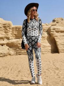 LanaWest 2pcs Women Casual Geometric Print Long Sleeve Top And Pants Set Fall Cloth For Women - Black and White - View 8