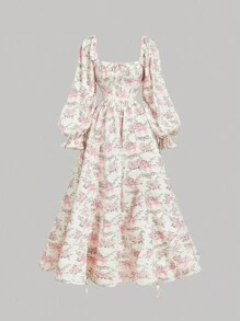 SHEIN MOD 杏色花卉印花连衣裙，两种穿法，正面有抽绳可调节下摆长度，精美剪裁，浪漫梦幻华丽，灯笼长袖，系带蝴蝶结装饰，非常适合约会、度假、聚会、节日、早午餐、下午茶连衣裙 - 杏色 - 查看 3