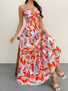 Firerie 女式花卉印花露背 V 领褶皱 A 字裙，适合夏威夷夏季海滩度假，约会/性感/优雅/度假/海滩/浪漫 - 彩色 - 查看 5