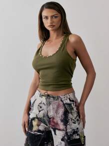 MUSERA Áo tank top ôm dáng cổ tròn, bo gân, viền đính cườm, thích hợp cho mùa thu hè xuân và các dịp lễ. - Màu xanh Ô liu - Xem 2