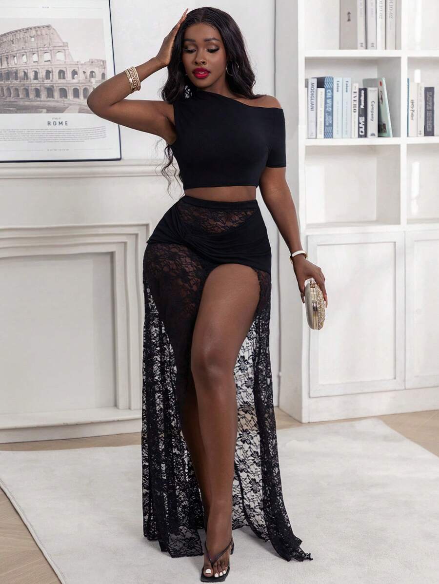 2pcs Women Casual Solid Color Top And Skirt Set - Black - View 1