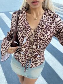 SHEIN Unity Damen Bluse mit Leopardenmuster, Rüschen und Bindebündchen an den Ärmeln