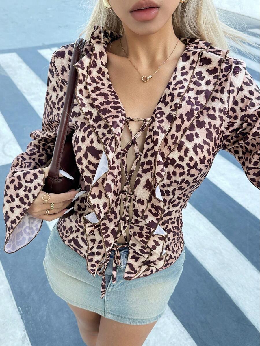 SHEIN Unity Damen Bluse mit Leopardenmuster, Rüschen und Bindebündchen an den Ärmeln