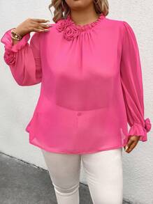 SHEIN CURVE+ Plus Size Romantic Rose 3D Flower A-Line Blouse - Hot Pink - View 3