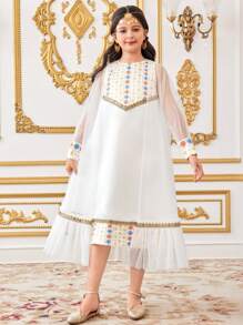 SHEIN Tween Girls Loose Elegant Ruffled Trim Crew Neck Dress With Overlay 2pcs Set - White - View 6
