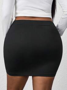 SHEIN PETITE CURVE Plus 女士纯色褶皱侧开衩下摆休闲黑色迷你裙，夏季服装 - 黑色 - 查看 2