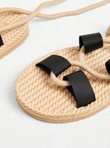 Styleloop Women's Fashion Casual Boho Style Flat Sandals, Lace-Up Design Contrast Color Woven Bands, Soft Comfortable Lightweight Flexible Soles, Suitable For Summer Travel, Beach, Holiday Spring Break Easter - Black - View 6