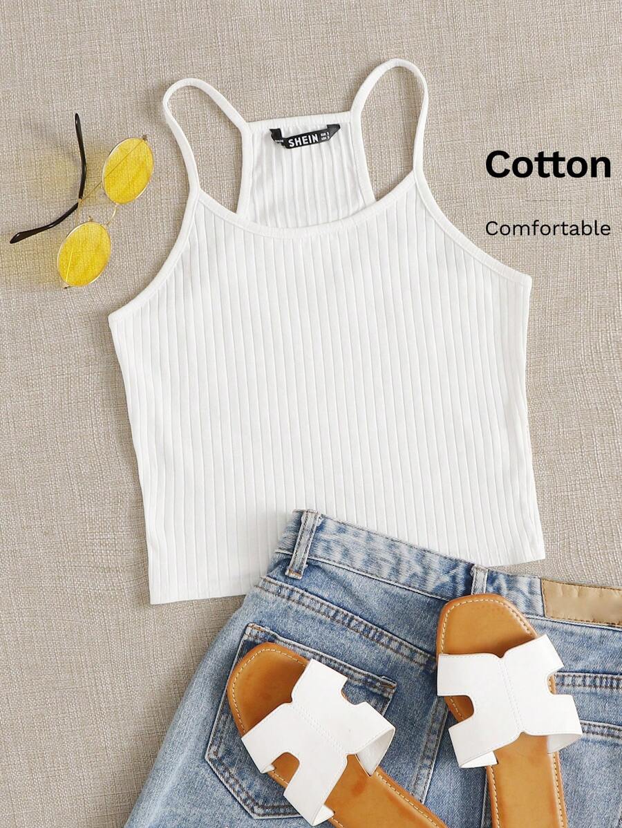 SHEIN EZwear 羅紋針織後工字背心吊帶上衣 - 白色 - 查看 1