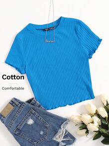 SHEIN EZwear Solid Lettuce Trim Rib-knit Tee - Teal Blue - View 1