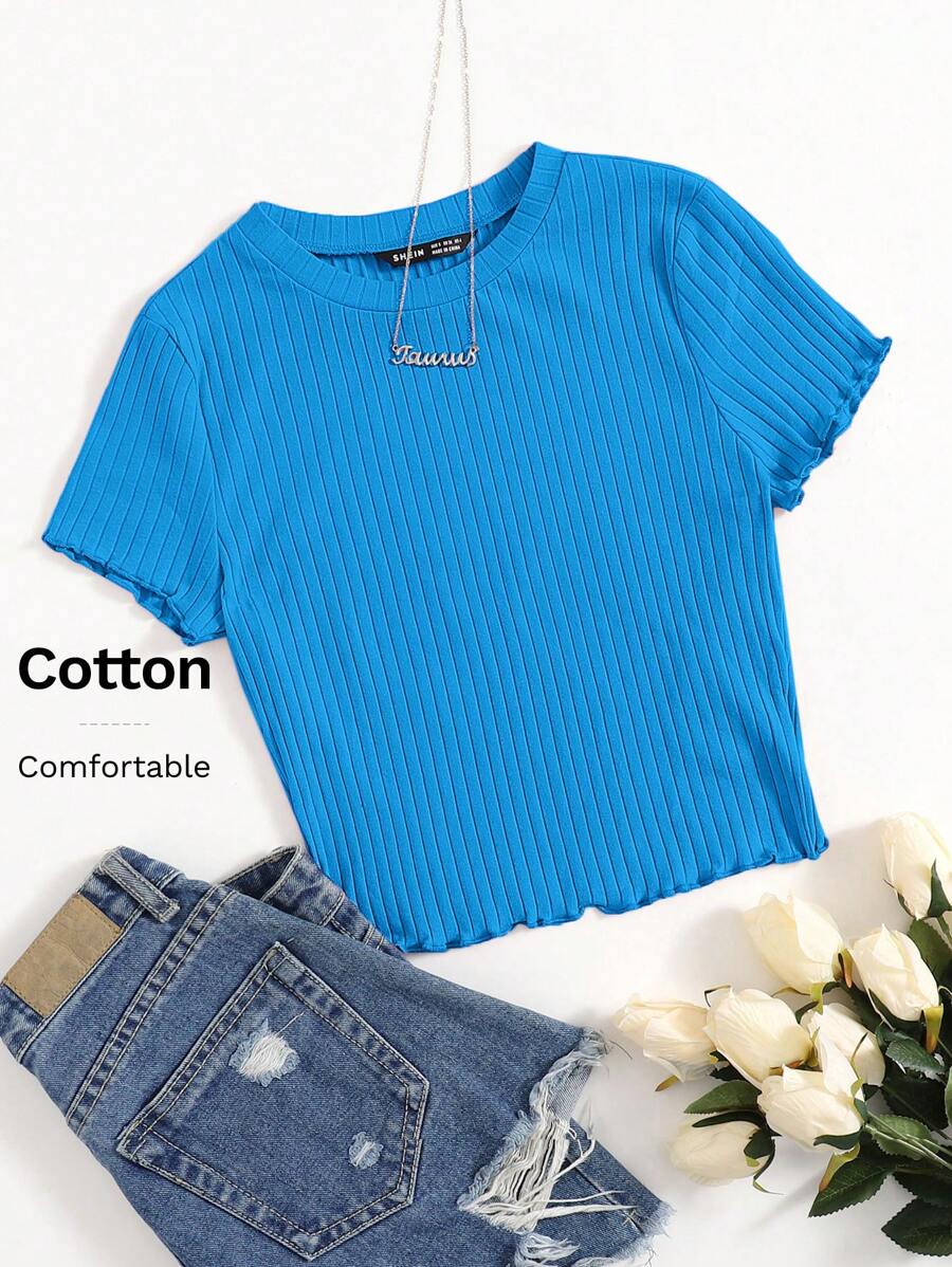 SHEIN EZwear Solid Lettuce Trim Rib-knit Tee - Teal Blue - View 1