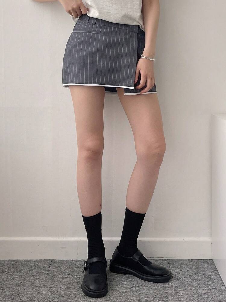 Women Contrast Color Hem Mini Skirt, 2-In-1 Design Fall Skirts