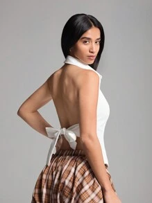 LYSMO Backless Tie-Back Sleeveless Halter Neck Shirt - White - View 3