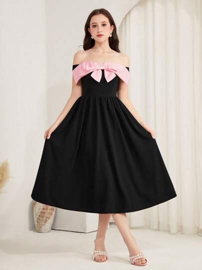 SHEIN 少女露肩撞色蝴蝶结中长连衣裙，派对黑色鸡尾酒会礼服，黑色返校节礼服，优雅连衣裙