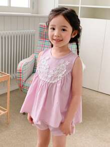DAZY Girls Embroidered Flowers Round Neck Sleeveless Top And Shorts Set, Simple Style,Girls Summer Outfits - Pink - View 4
