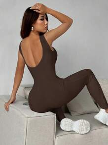 SHEIN EZwear Women's Solid Color Wide Strap Casual Slim Fit Jumpsuit - Coffee Brown - View 2