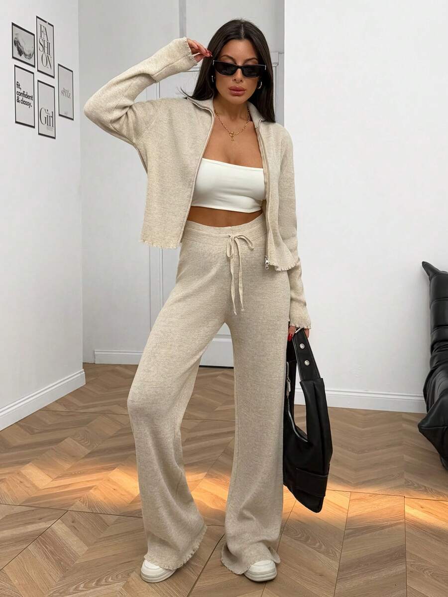 EURMUSE 女士拉链细节开衫和毛衣裤 2 件套