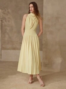 MOTF PREMIUM VESTIDO PLISADO DE CUELLO DE BUFANDA - Amarillo - Ver 6