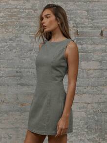 MUSERA High Scoop Neck Seam Detail Zip Back Fitted Denim Mini Dress Spring 90's Cute Summer Chic - Green - View 2