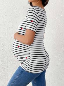 SHEIN Heart Embroidery Striped Fitted Maternity T-Shirt