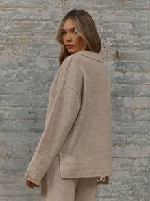 MUSERA Open V-Neck Knit Long Sleeve Oversized Collared Sweatshirt Chic - Apricot - View 3