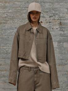 MUSERA Cropped Boxy Fit Long Sleeve Seam Detail Collared Denim Jacket Spring 90's Y2k Streetwear Summer Concert Streetwear Back To School Fall Autumn Winter Everyday Work Office Casual  Chic - Camel - View 1