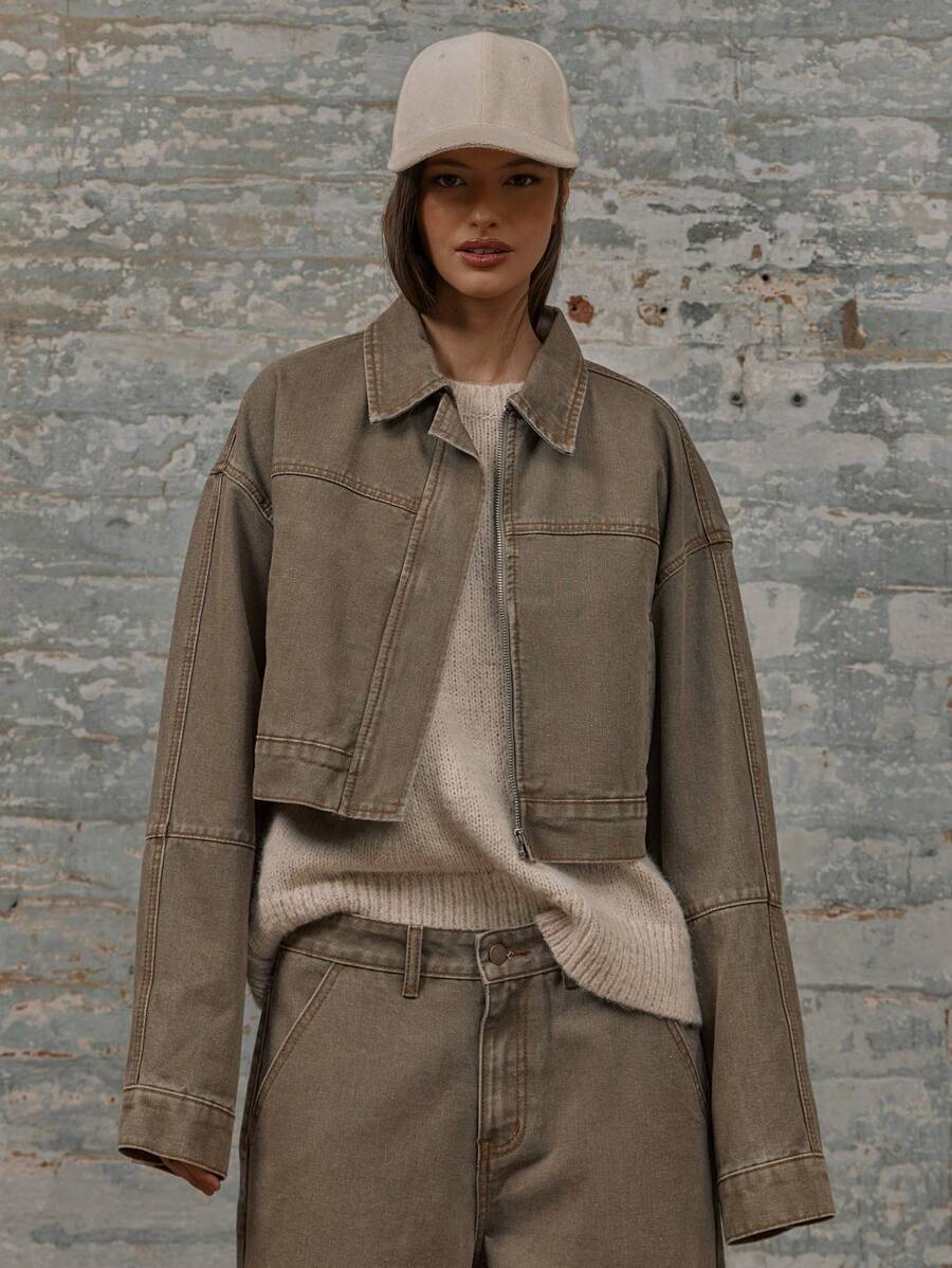 MUSERA Cropped Boxy Fit Long Sleeve Seam Detail Collared Denim Jacket Spring 90's Y2k Streetwear Summer Concert Streetwear Back To School Fall Autumn Winter Everyday Work Office Casual  Chic - Camel - View 1